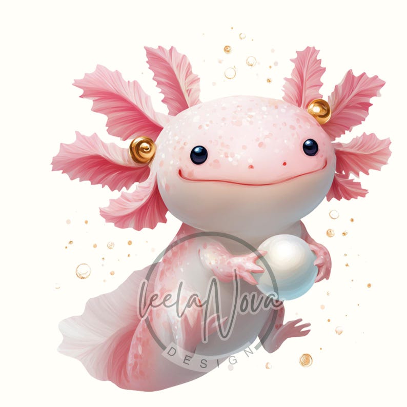 Op de afbeelding: Een grillige illustratie van een roze axolotl die een gloeiende witte bol vasthoudt. De axolotl heeft veervormige roze kieuwen, gouden accenten en een vrolijke uitdrukking. De achtergrond is wit met verspreide gouden bellen.