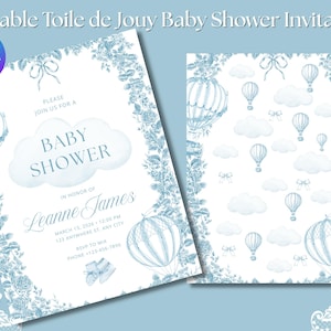 Blue Toile de Jouy Baby Shower Invitation | Printable Baby Shower Invite | Vintage Hot Air Balloon & Floral Baby Shower Template