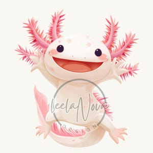 Op de afbeelding: Een aquarel illustratie van een lachende axolotl in wit- en roze tinten. De axolotl heeft roze, gevederde kieuwen en een roze staart. De afbeelding bevat de tekst "Leela Nova Design" in een cirkel.
