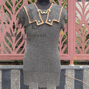 Könnte beinhalten: Ein silbernes Kettenhemd mit beigem Kragen und Besatz, ausgestellt auf einer schwarzen Schaufensterpuppe. Das Hemd ist ärmellos und hat einen runden Ausschnitt. Der Hintergrund umfasst einen rosa Zierzäun.