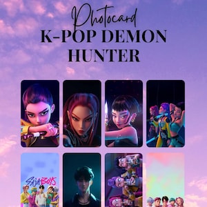May include: A photocard featuring K-Pop Demon Hunter characters. The image showcases various animated characters in action poses, set against a purple and pink sky background. Text includes "Photocard" and "K-Pop Demon Hunter".