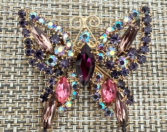 Vintage Czech Purple Crystal Butterfly Brooch