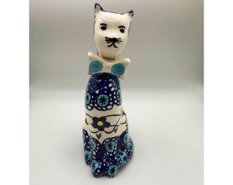 Vintage Handmade Polish Pottery Cat Figurine, Blue Floral Folk Art Cat