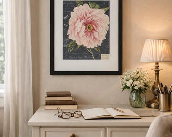 Franse botanische muurkunst – zwarte lijst met pioenroos bloemenprint, vintage geïnspireerde muurdecoratie, 16 x 13 inch