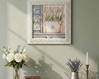 French Country “Fleurs” Framed Wall Art – Cottage Tulip Print in Ornate Cream Frame