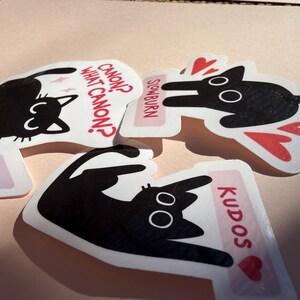May include: Three die-cut stickers featuring black cat illustrations. One sticker reads "Canon? What Canon?" in red text. Another says "Slowburn" and the third says "Kudos". Each sticker has a white background and a pink border.