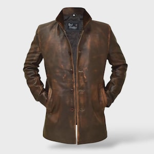 Handmade Vintage Distressed Brown Leather Jacket - Men&#39;s Cowhide Outerwear