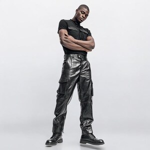 Black Leather Biker Pants for Men – Motorcycle Riding Trousers with Cargo Style Thigh Pockets