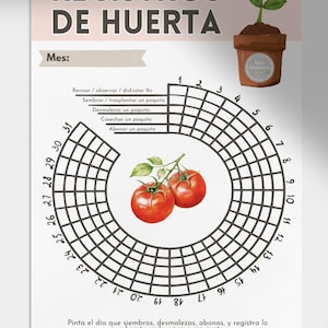 Puede incluir: Un gráfico de jardinería titulado "REGISTROS DE HUERTA" con un calendario circular para el seguimiento de tareas. Incluye ilustraciones de tomates y una planta en maceta. Las indicaciones de texto incluyen "Sembrar/trasplantar un poco" y "Cosechar un poco".