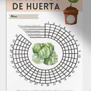 Puede incluir: Un gráfico de jardinería titulado "REGISTROS DE HUERTA" con un calendario de plantación circular. Incluye una ilustración de acuarela de una planta en maceta y una cabeza de repollo. Las indicaciones de texto incluyen "Revisar", "Sembrar", "Desmalezar", "Cosechar" y "Abonar".