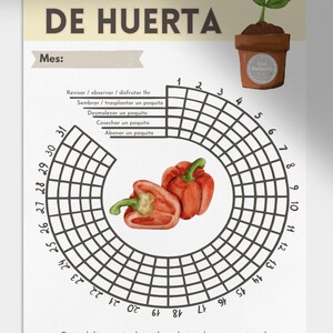 Puede incluir: Un diario de jardinería con el título "REGISTROS DE HUERTA" y un diseño de calendario circular. El diario incluye una ilustración de acuarela de una planta en maceta y dos pimientos rojos. El texto incluye instrucciones para plantar y cosechar.