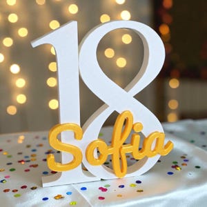 Puede incluir: Un número 18 de madera blanca con el nombre "Sofia" en color dorado en una fuente cursiva. Los números son grandes y se alzan sobre una superficie blanca. El fondo tiene luces bokeh y confeti colorido.