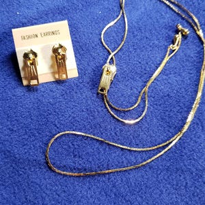 Vintage Gold-Tone Zipper Bolo Necklace & Earrings Set - 1970s NIB