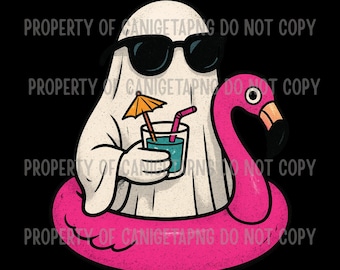 Vacation Ghost summerween PNG – Retro Halloween Beach Clipart, Ghost with Drink and Flamingo Float, Summer Halloween Sublimation