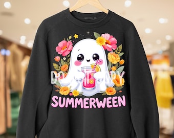 Summerween Ghost PNG – Kawaii Cute Halloween Clipart, Floral Pastel Spooky Sublimation, Ghost with Drink Digital Download, Summer Halloween
