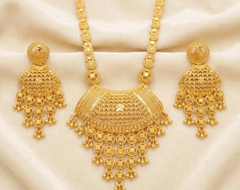 Gold Polish Long Necklace and Earrings Set | Statement Wedding Jewellery | Gift for Her