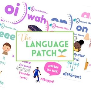 May include: Educational flashcards with colorful illustrations and text, including the words "oi," "wah," "on," and "kuh." The Language Patch logo is in the center. Includes words like "girl," "giraffe," and "ten."