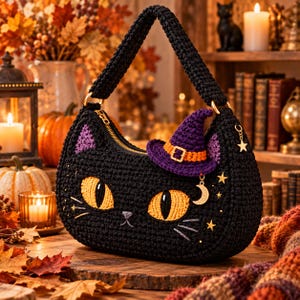 Könnte beinhalten: Eine schwarze Häkeltasche in Form eines Katzengesichts mit großen gelben Augen, violetten Innenohren und einem kleinen aufgesetzten Hexenhut. Die Tasche hat einen goldenen Reißverschluss sowie einen Stern- und einen Mondsichelanhänger.