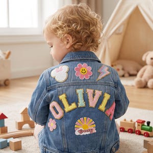Custom Chenille Letter Patch Denim Jacket, Personalized Name Patch Jean Jacket for Toddler Girls & Boys, Custom Kid Gift