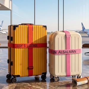 May include: Two rolling suitcases, one yellow and one cream-colored, are shown in an airport setting. The yellow suitcase has a red strap with the text "JOSH'S LUGGAGE." The cream suitcase has a pink strap with the text "IN ALSAlMAN."