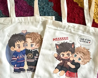 Heated Rivalry Canvas Tote Bags | Angry Kitten & Hollanov Love | Hockey Romance Fan Art | Bookish Gift | Rivals to Lovers
