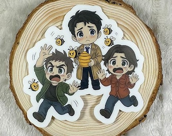 Pegatina de abeja caótica chibi / Arte de fan de Dean Sam y Castiel sobrenatural / Vinilo impermeable de 7,6 cm / Pegatina para portátil y botella de agua