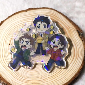 Bee Chaotic Supernatural Acrylic Pin | Chibi Castiel, Dean & Sam | 2.5&quot; Holographic Epoxy Pin Badge | Cute Handmade Fandom Gift