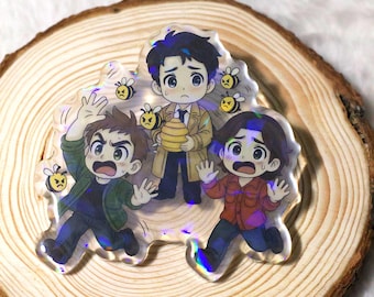 Bee Chaotic Supernatural Acrylic Pin | Chibi Castiel, Dean & Sam | 2.5" Holographic Epoxy Pin Badge | Cute Handmade Fandom Gift