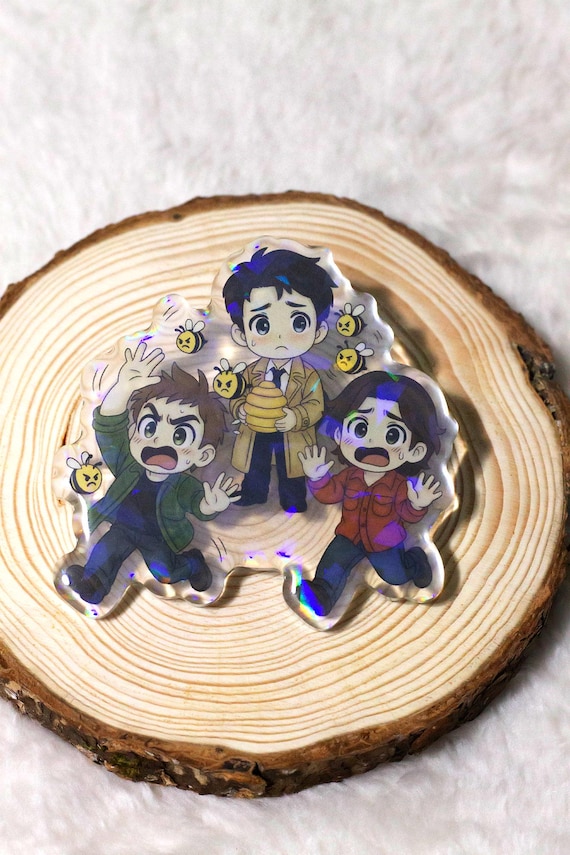 Bee Chaotic Supernatural Acrylic Pin | Chibi Castiel, Dean & Sam | 2.5" Holographic Epoxy Pin Badge | Cute Handmade Fandom Gift