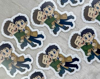 Pegatina de cazador pegajoso sobrenatural / Vinilo impermeable de 7,6 cm con diseño de fan de Destiel / Pareja chibi de Dean y Castiel / Pegatinas impermeables