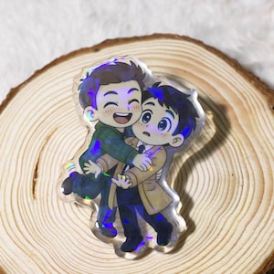Clingy Hunter Supernatural Acrylic Pin | Chibi Destiel (Dean & Castiel) | 2.5&quot; Holographic Epoxy Pin Badge | Handmade Fandom Gift