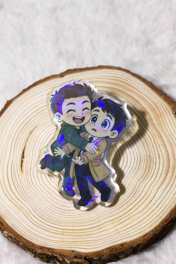 Clingy Hunter Supernatural Acrylic Pin | Chibi Destiel (Dean & Castiel) | 2.5" Holographic Epoxy Pin Badge | Handmade Fandom Gift