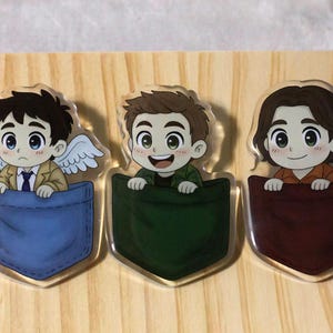 Supernatural Pocket Babies Acrylic Pins | Chibi Castiel, Dean, Sam | 2.5&quot; Clear Epoxy Pin Badge | Handmade Fandom Accessories