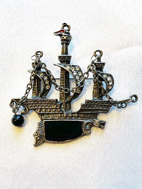 Vintage Pewter and Enamel Viking Ship Brooch