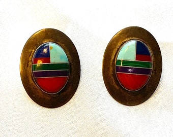 Ella Peter Signed Sterling Inlaid Earrings for Pierced Ears.