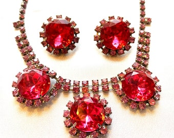 Statement Runway Pink Headlight Huge Rhinestone Necklace and Earring Set/Demi-Parure