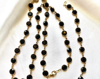 Vintage Black and Gold Tone Bezel Set Open Back Necklace and Bracelet Set/Demi-Parure