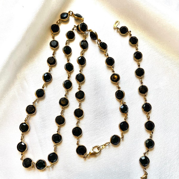 Vintage Black and Gold Tone Bezel Set Open Back Necklace and Bracelet Set/Demi-Parure
