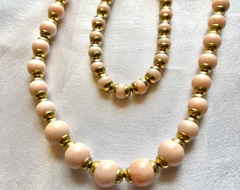 Avon Signed Pink Beads and Gold Necklace and Bracelet Set/Demi-Parure