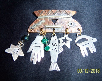Mexico Sterling and Copper Cut-Out Abstract Symbols Vintage Brooch