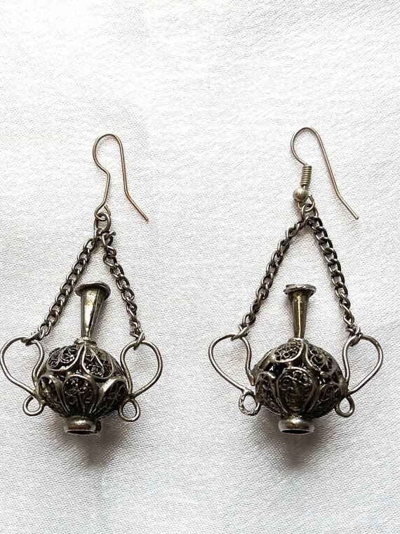 Vintage Silver Filigree Metal Urn Pierced  Earring