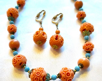 Art Deco Carved Celluloid Beads Necklace and Earrings Set/ Demi-Parure