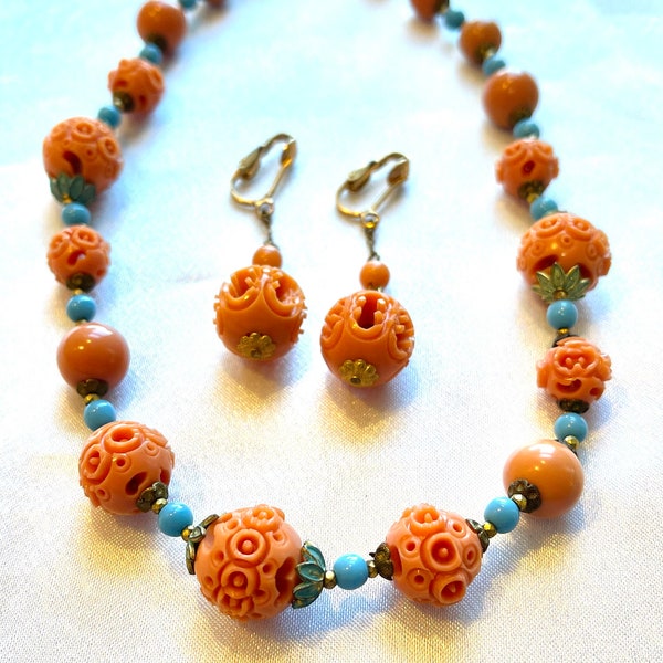 Art Deco Carved Celluloid Beads Necklace and Earrings Set/ Demi-Parure