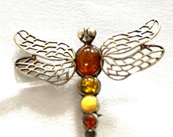 Vintage Sterling and Amber Dragon Fly Brooch