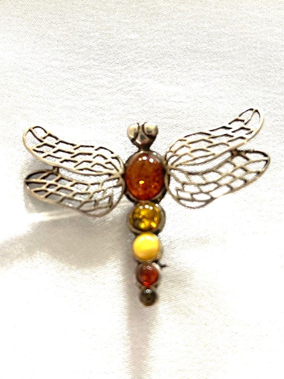 Vintage Sterling and Amber Dragon Fly Brooch