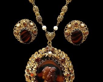 Western Germany Signed Faux Tortoise Shell Cameo Necklace and Earring Set/Demi-Parure