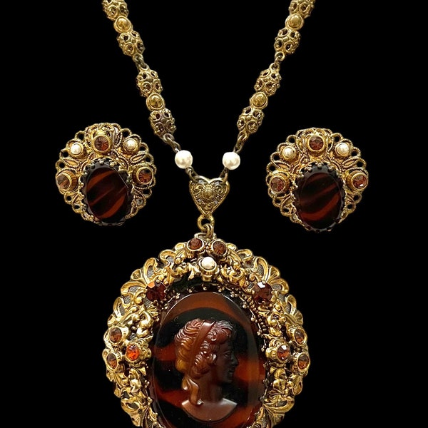 Western Germany Signed Faux Tortoise Shell Cameo Necklace and Earring Set/Demi-Parure