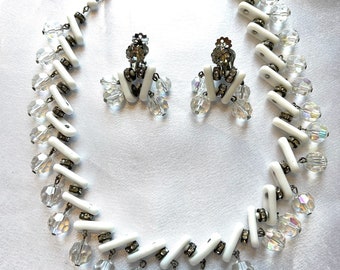 Vintage Milk Glass and Chrystal Necklace and Earring Set/Demi-Parure