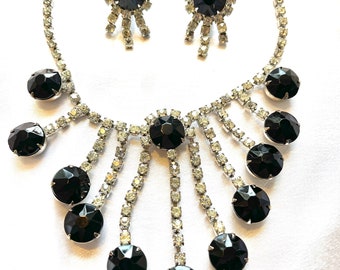 Black Rhinestone Headlight Bib Necklace and Earring Set/Demi-Parure