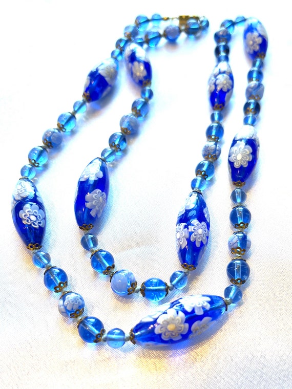 Vintage Milifiori Blue and White Glass Beaded Neck